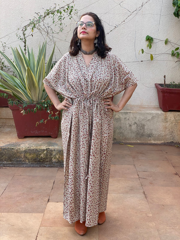 Ivory with Red leafy Motif Hand-Blocked Caftan with V-Neck, Cinched Waist and Available in both Knee and Ankle Length