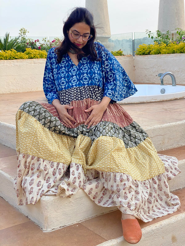 Mixed Patterns Hand-Block 5-Tier Maternity Dress