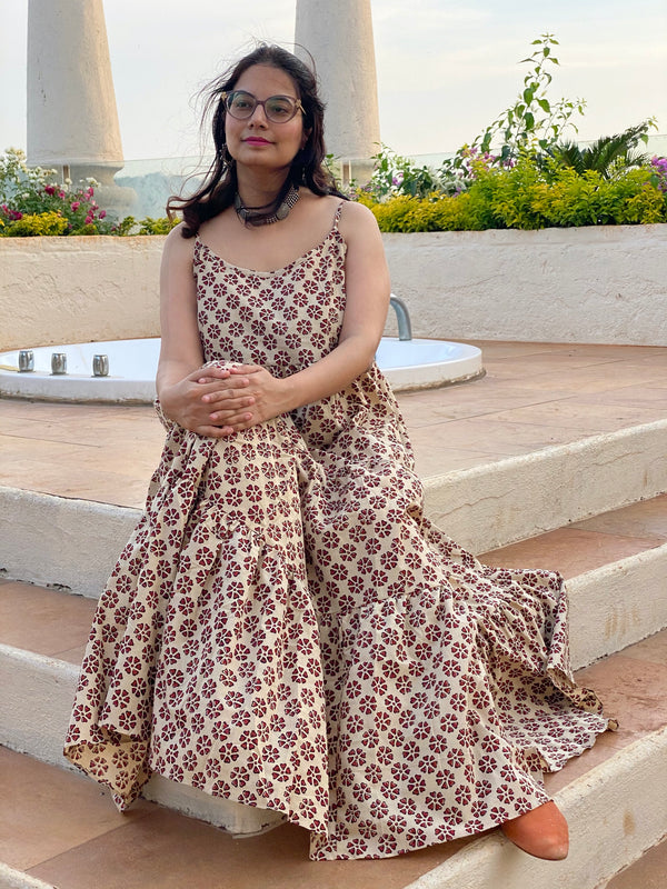 Spaghetti Ivory Red Floral Motif Hand-Block Printed Tiered Dress
