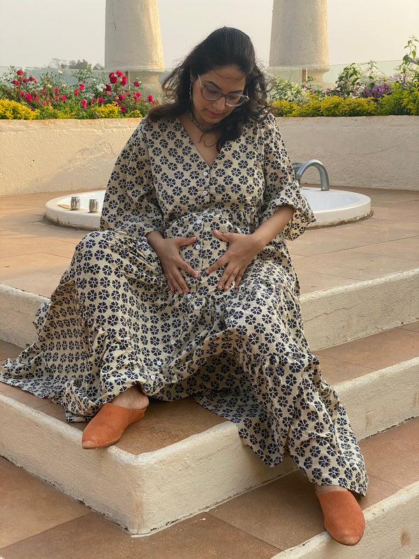 Ivory Blue Floral Motif Hand-Block Tiered Front Buttoned Maternity Dress