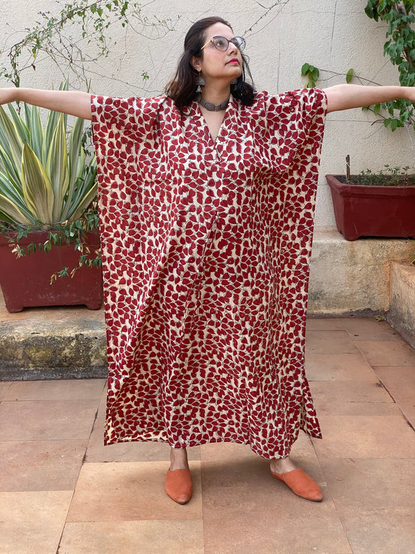 Ivory Red Leafy Motif Hand-Blocked Kaftan with V-Neck, Cinched Waist and Available in both Knee and Ankle Length