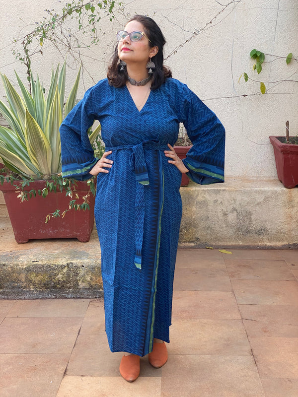Indigo Blue Geometric Motif Hand Block Printed Kimono Robe | Available in both Knee and Ankle Length