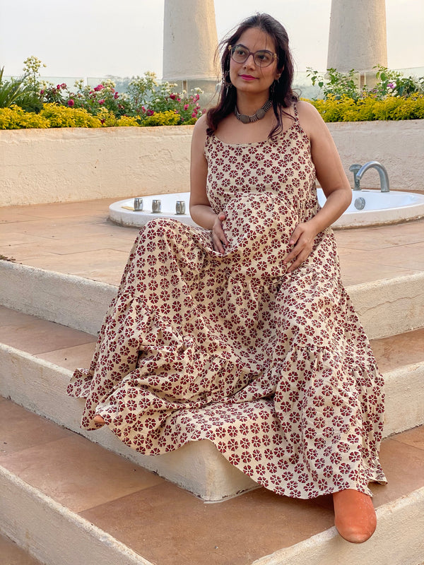 Ivory Red Floral Motif Hand-Block Tiered Maternity Spaghetti Dress