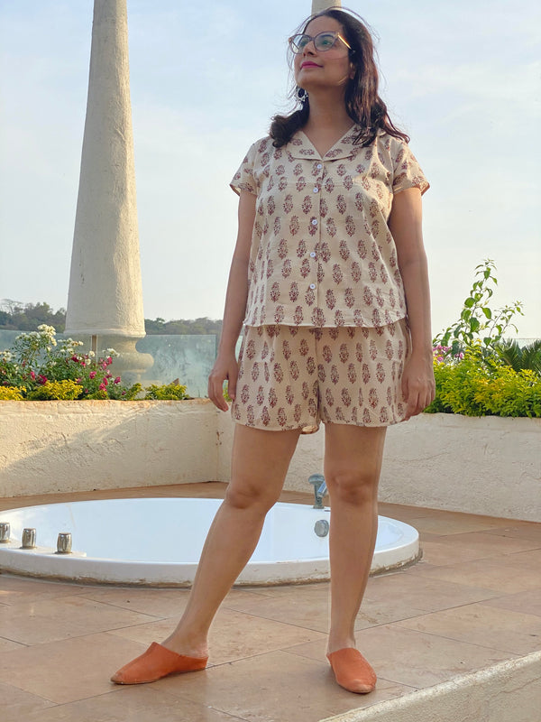 Ivory Paisley Motif Hand Block Printed Pjs | Organic Cotton Notched Collared Front Buttoned Pajama Set