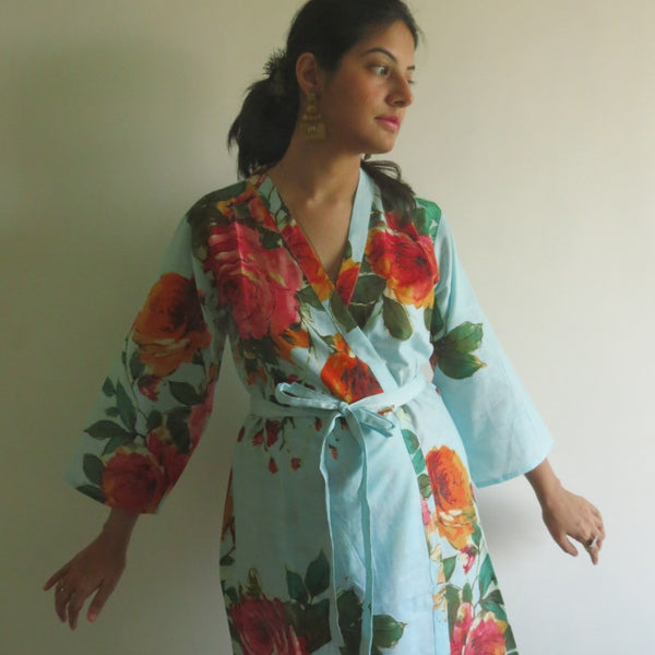 Light Blue Big Floral Knee Length, Kimono Crossover Belted Robe