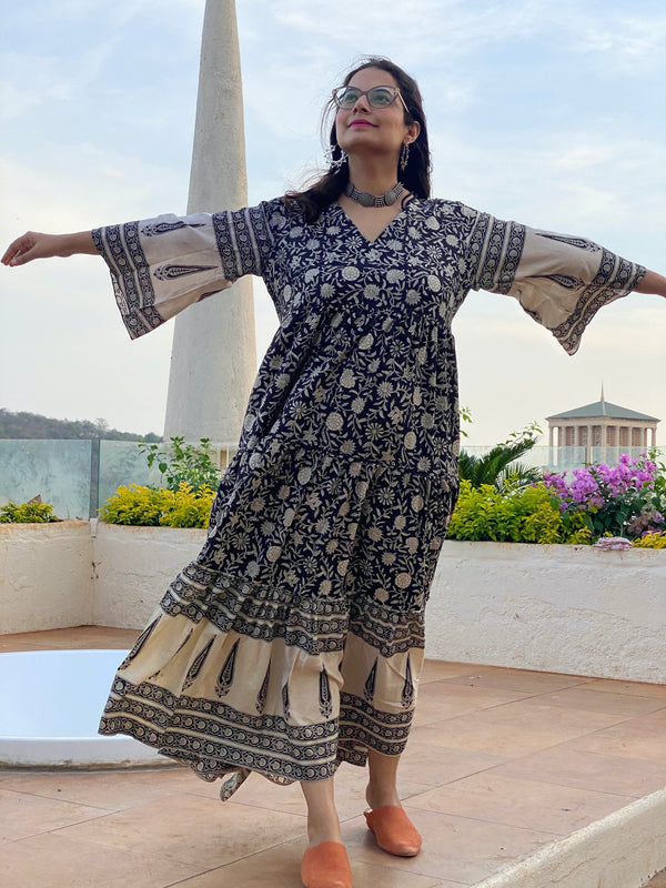 Black Floral Bordered Hand-Block Tiered Dress