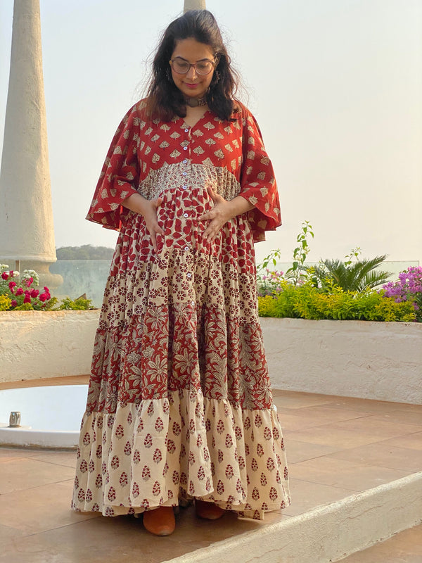 Mixed Patterns Red & Ivory Hand-Block Front Buttoned 5-Tier Maternity Dress