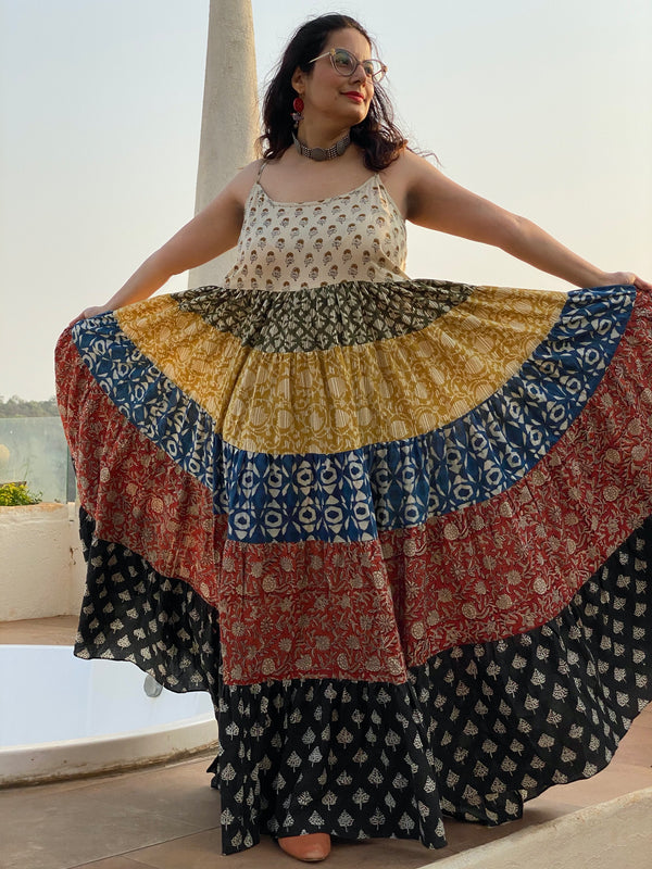 Mixed Colors Hand Block Printed 5 Tiered Spaghetti Dress