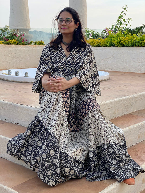 Black Ivory Mixed Hand Block Printed 5 Tiered Dress