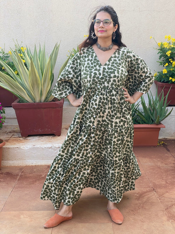Ivory Green Leafy Motif Hand-Block Printed Front Buttoned Tiered Dress