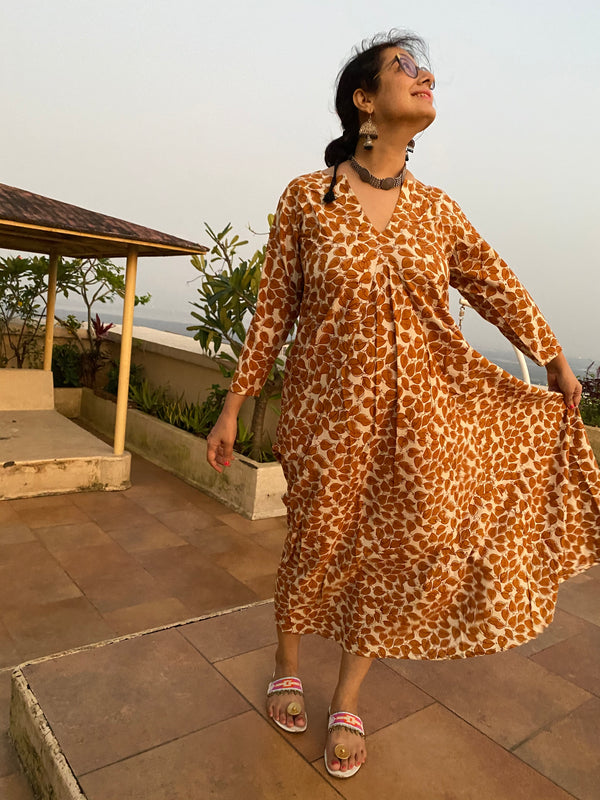 Cream Mustard Leafy Motif Hand-Blocked Free Flow Dress | Available in both Knee and Ankle Length