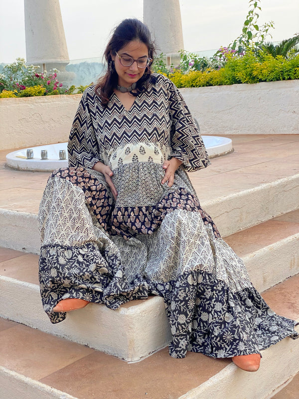 Mixed Patterns Black and Ivory Hand-Block 5-Tier Maternity Dress