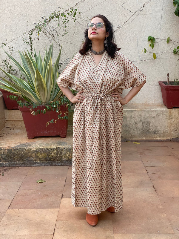 Ivory Red Teeny Tiny Flowers Motif Hand Block Printed Caftan with V-Neck, Cinched Waist and Available in both Knee and Ankle Length