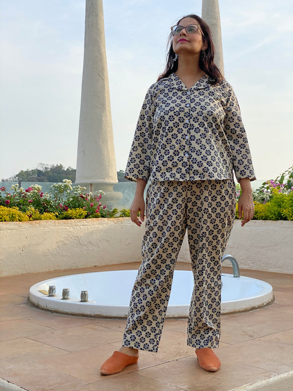 Ivory Blue Floral Motif Hand Block Printed Pjs | Organic Cotton Notched Collared Front Buttoned Pajama Set | Available in both shorts and pants style