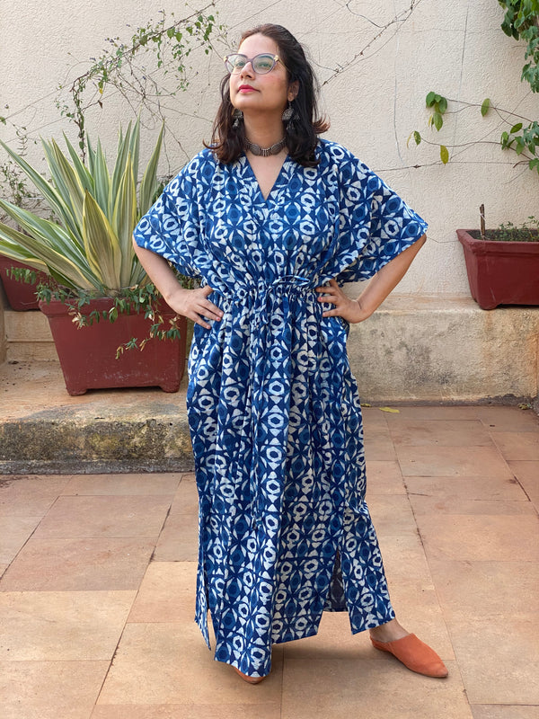 Indigo Blue Geometrical Motif Hand-Blocked Caftan with V-Neck, Cinched Waist and Available in both Knee and Ankle Length