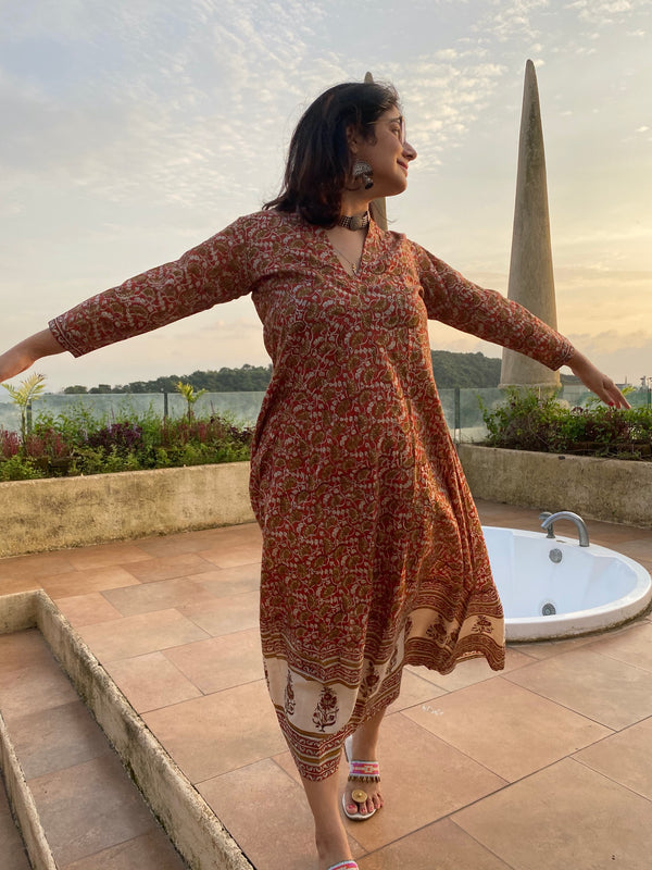 Red Floral Bordered Hand-Blocked Free Flow Dress | Available in both Knee and Ankle Length