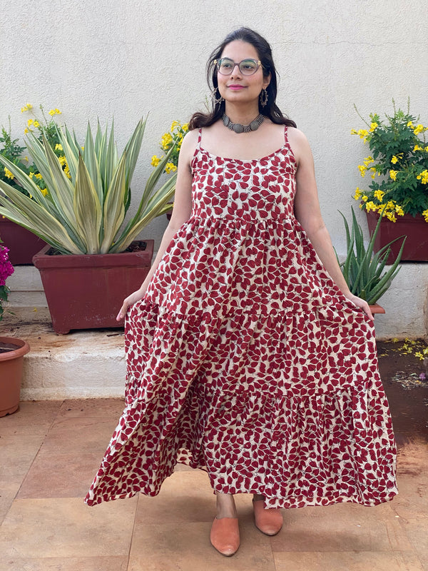 Spaghetti Red Leafy Motif Hand-Block Printed Tiered Dress