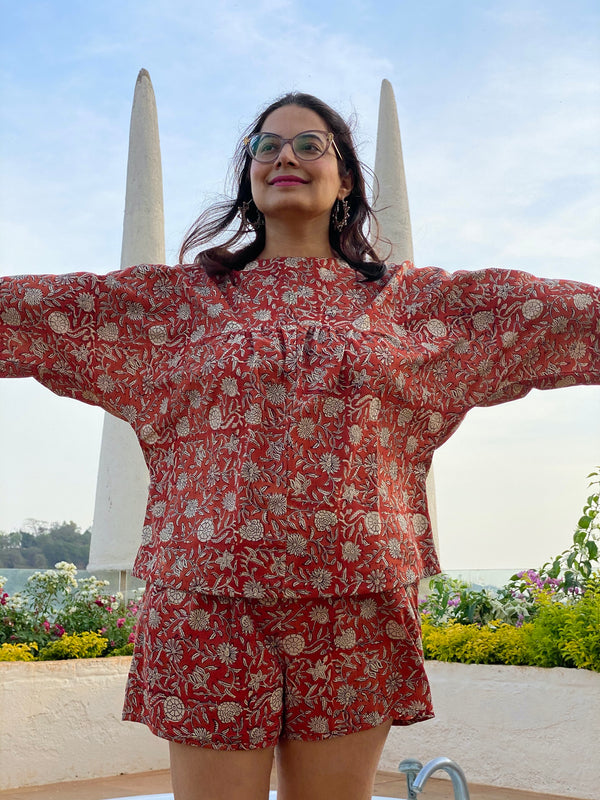 Red Floral Motif Hand Block Printed Pjs | Organic Cotton Pajama Set | Available in both shorts and pants style