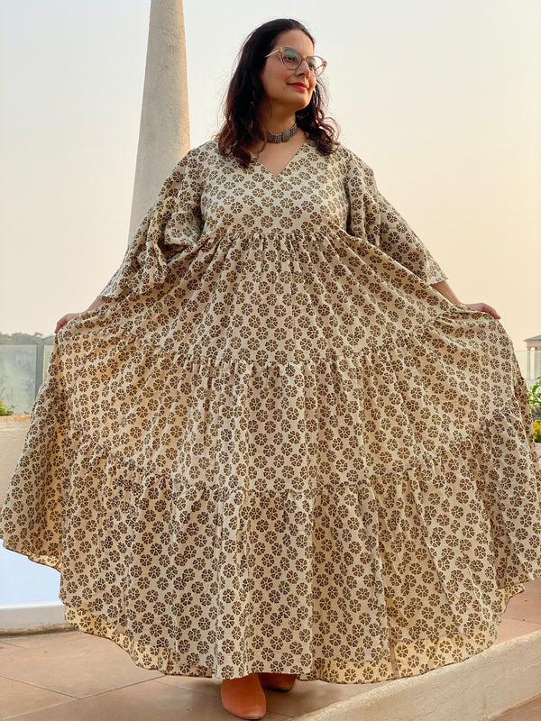 Ivory Mustard Floral Motif Hand-Block Printed Tiered Dress