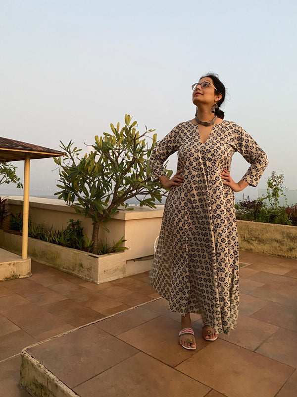 Ivory Blue Floral Motif Hand-Blocked Free Flow Dress | Available in both Knee and Ankle Length