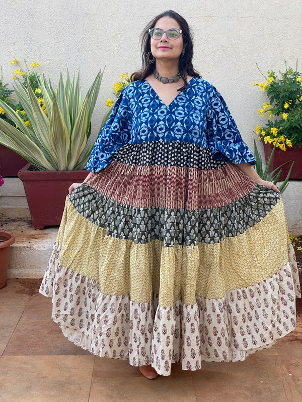 Mixed Colors Hand Block Printed 5 Tiered Dress