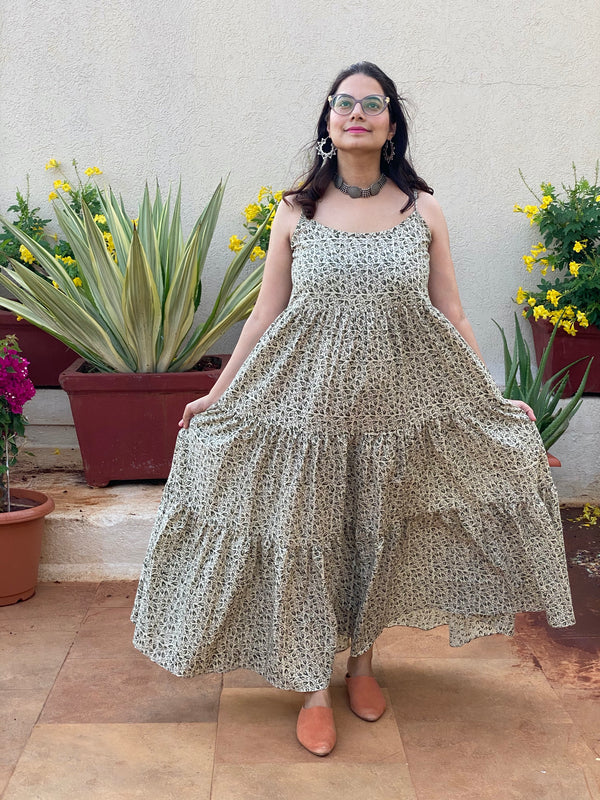 Spaghetti Ivory Green Tiny Leafy Motif Hand-Block Printed Tiered Dress
