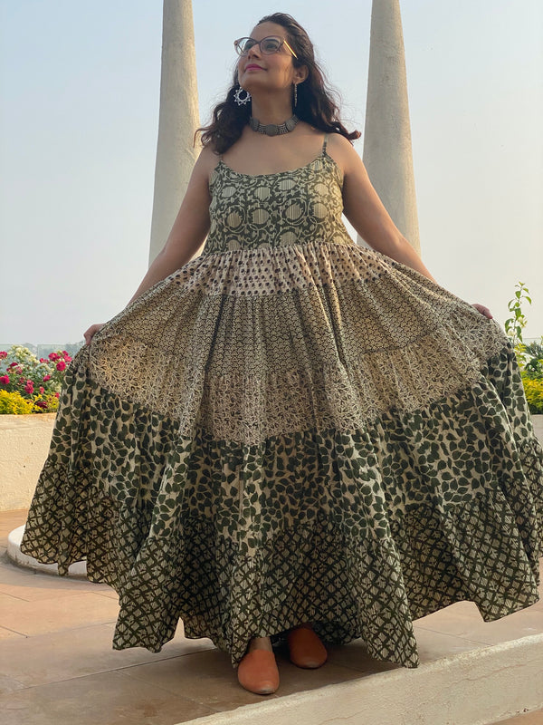 Ivory Green Mixed Hand Block Printed 5 Tiered Spaghetti Dress