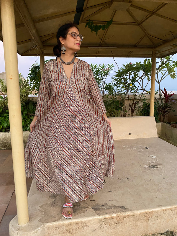 Red Blue Geometric Motif Hand-Blocked Free Flow Dress | Available in both Knee and Ankle Length
