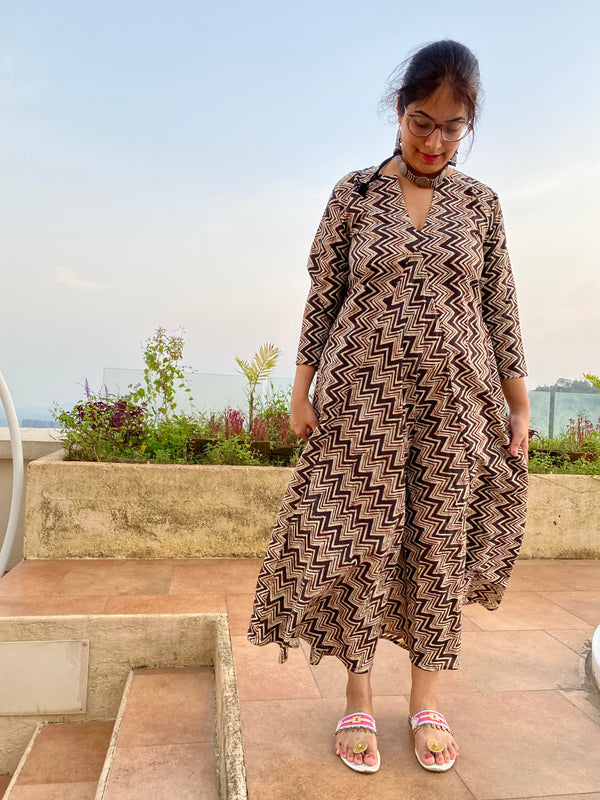Black Chevron Motif Hand-Blocked Free Flow Dress | Available in both Knee and Ankle Length