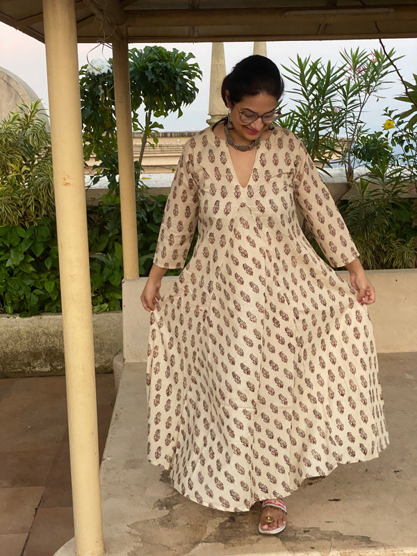 Ivory Red Paisley Motif Hand-Blocked Free Flow Dress | Available in both Knee and Ankle Length