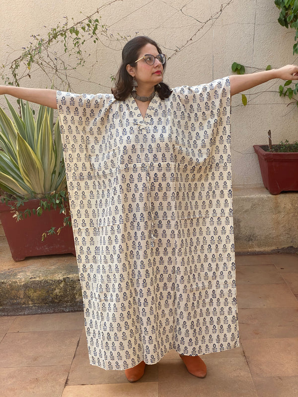 Ivory Blue leafy Motif Hand-Blocked Caftan with V-Neck, Cinched Waist and Available in both Knee and Ankle Length