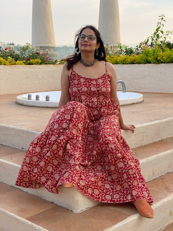 Spaghetti Red Lotus Motif Hand-Block Printed Tiered Dress