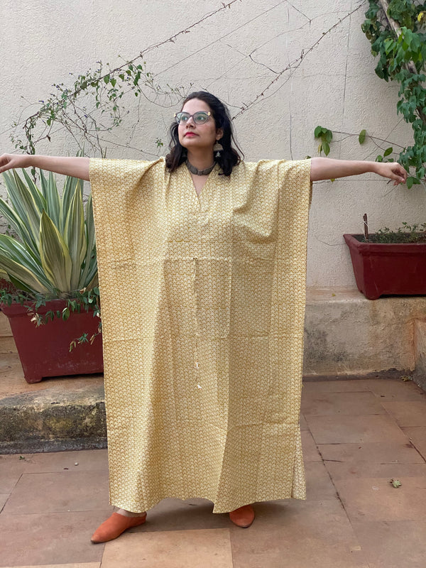 Yellow Triangle Motif Hand Block Printed Caftan with V-Neck, Cinched Waist and Available in both Knee and Ankle Length