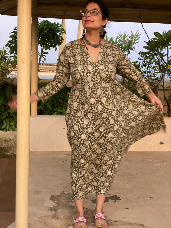 Green Lotus Motif Hand-Blocked Free Flow Dress | Available in both Knee and Ankle Length