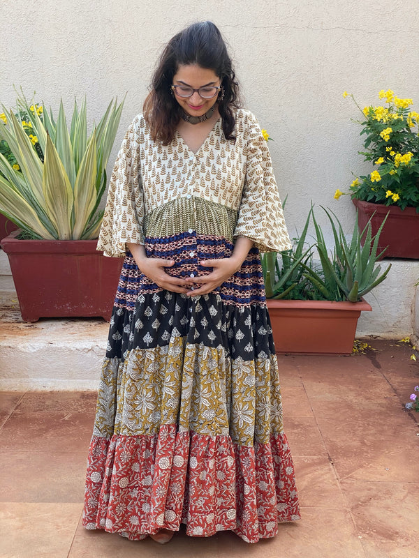 Mixed Patterns Hand-Block 5-Tier Front Buttoned Maternity Dress