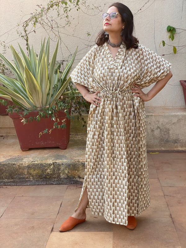 Ivory Mustard Tiny Tree Motif Hand Block Printed Caftan with V-Neck, Cinched Waist and Available in both Knee and Ankle Length