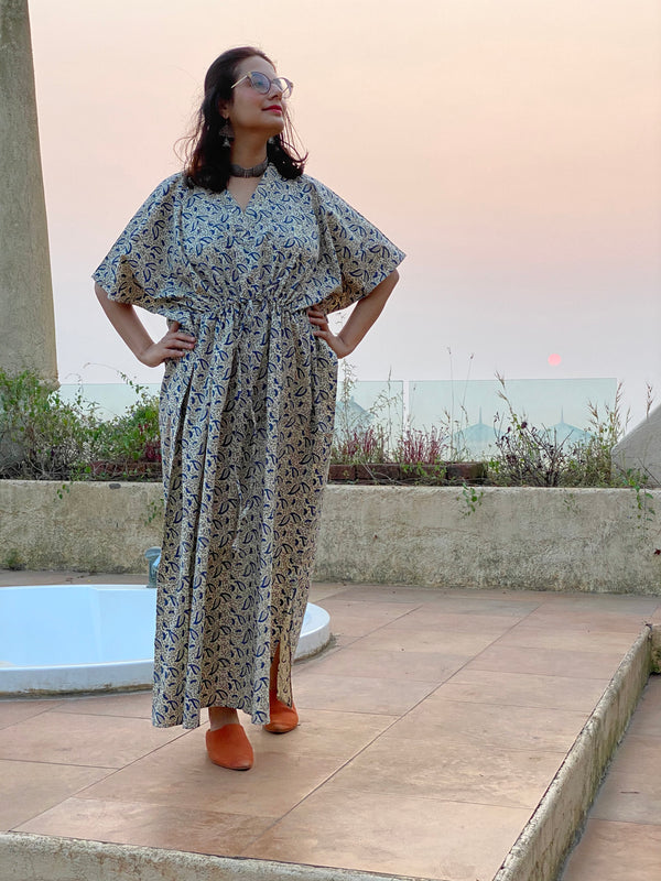 Ivory Blue Paisley Motif Hand Block Printed Caftan with V-Neck, Cinched Waist and Available in both Knee and Ankle Length