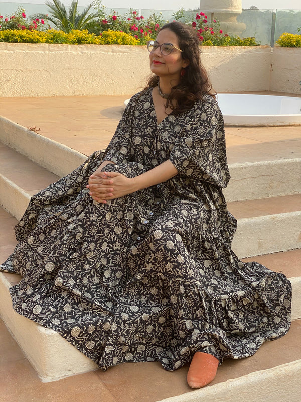 Black Floral Motif Hand-Block Tiered Dress