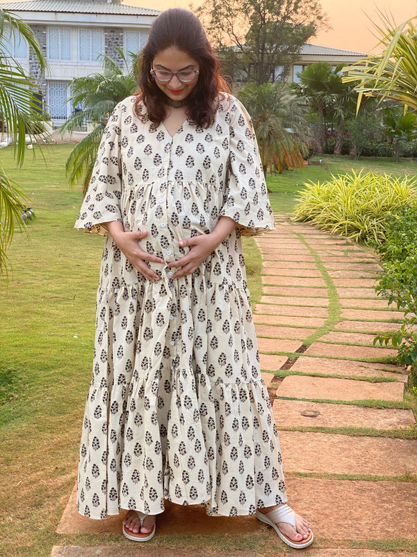 Ivory Paisley Motif Hand-Block Tiered Front Buttoned Maternity Dress