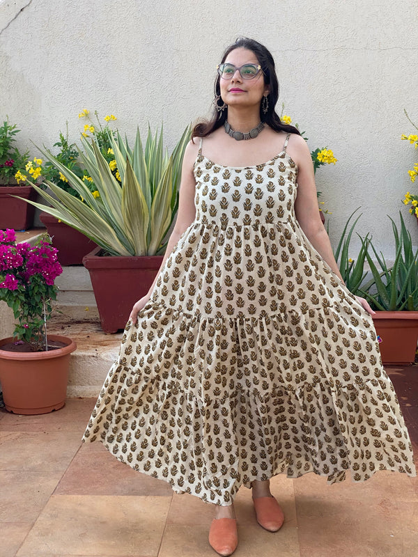 Spaghetti Ivory Gold Paisley Motif Hand-Block Printed Tiered Dress