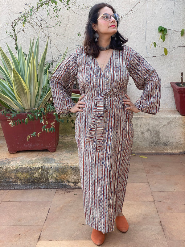 Blue Red Geometric Motif Hand Block Printed Kimono Robe | Available in both Knee and Ankle Length