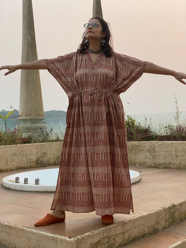 Red Geometric Motif Hand-Blocked Caftan with V-Neck, Cinched Waist and Available in both Knee and Ankle Length