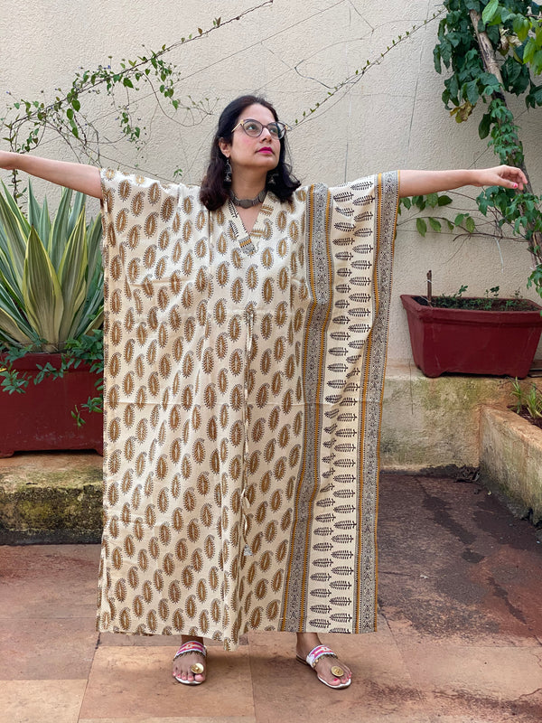Cream Mustard Paisley Bordered Hand Block Printed Caftan with V-Neck, Cinched Waist and Available in both Knee and Ankle Length