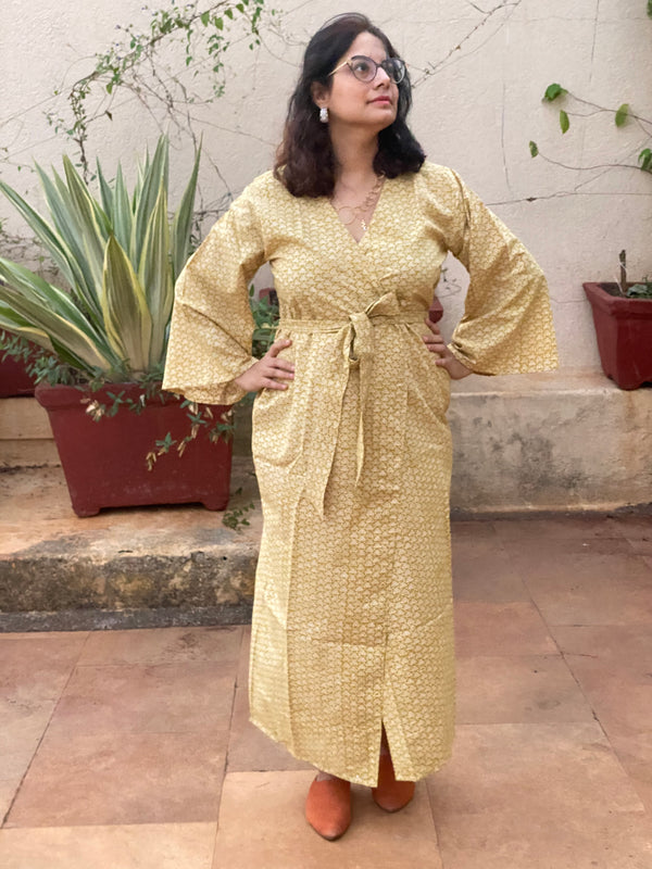 Mustard Triangle Geometrical Motif Hand-Block Printed Kimono Robe | Available in both Knee and Ankle Length