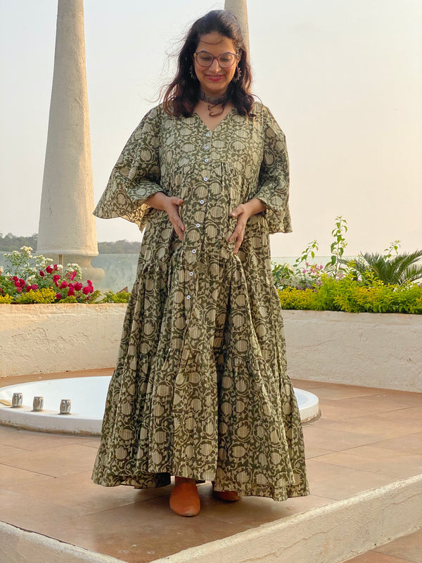 Green Lotus Motif Hand-Block Front Buttoned Tiered Maternity Dress