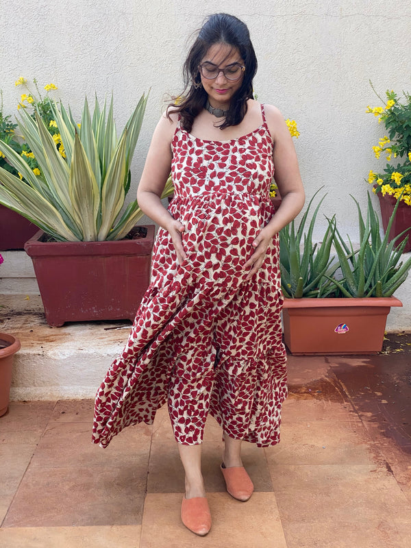 Ivory Red Leafy Motif Hand-Block Tiered Maternity Spaghetti Dress