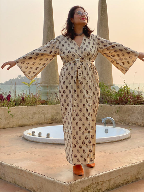 Ivory Floral Motif Hand Block Printed Kimono Robe | Available in both Knee and Ankle Length