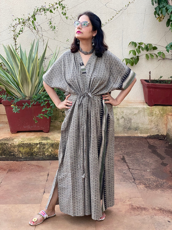 Gray Geometric Motif Bordered Hand Block Printed Caftan with V-Neck, Cinched Waist and Available in both Knee and Ankle Length