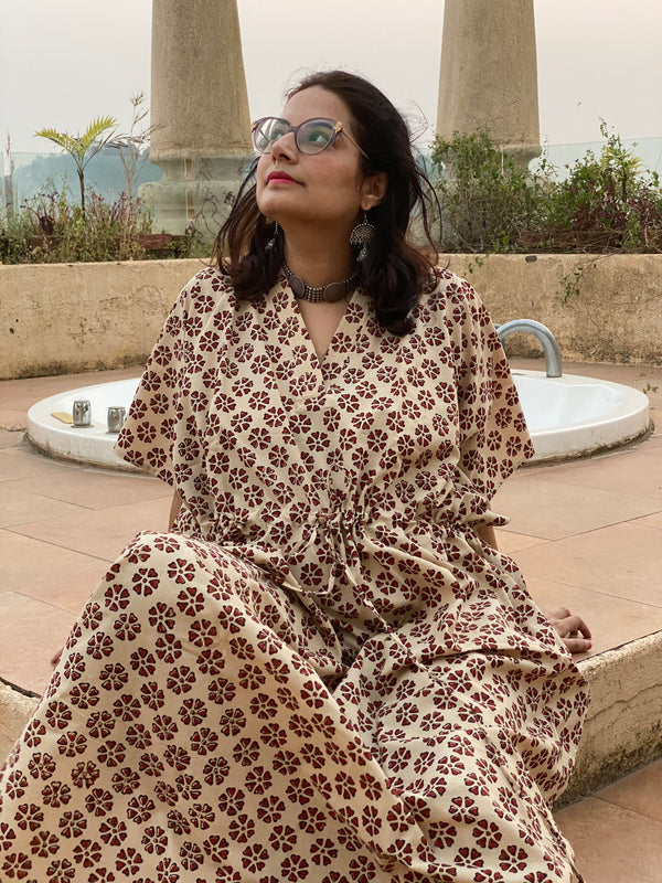 Ivory Red Floral Motif Hand Block Printed Caftan with V-Neck, Cinched Waist and Available in both Knee and Ankle Length