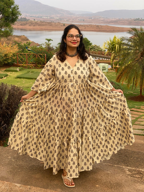 Ivory Black Paisley Motif Hand-Block Printed Front Buttoned Tiered Dress